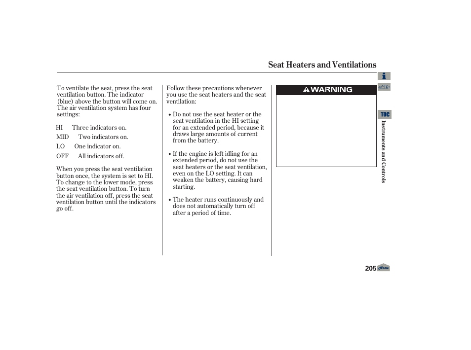 Seat heaters and ventilations | Acura 2013 TL User Manual | Page 209 / 650