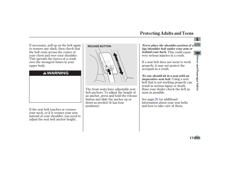 Protecting adults and teens | Acura 2013 TL User Manual | Page 21 / 650