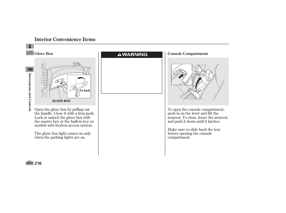 Glove box, Interior convenience items | Acura 2013 TL User Manual | Page 220 / 650