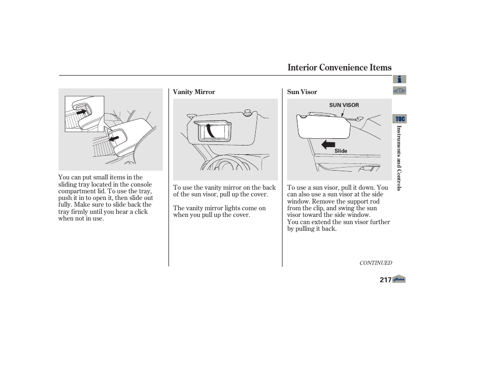 Sun visor, Vanity mirror, Interior convenience items | Acura 2013 TL User Manual | Page 221 / 650