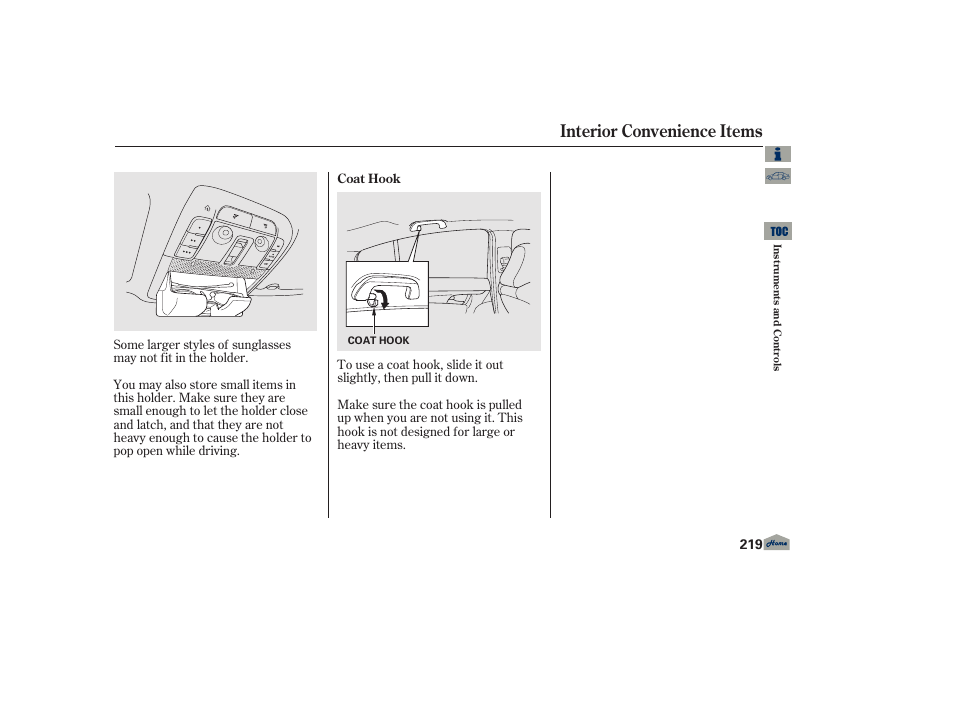 Coat hook, Interior convenience items | Acura 2013 TL User Manual | Page 223 / 650