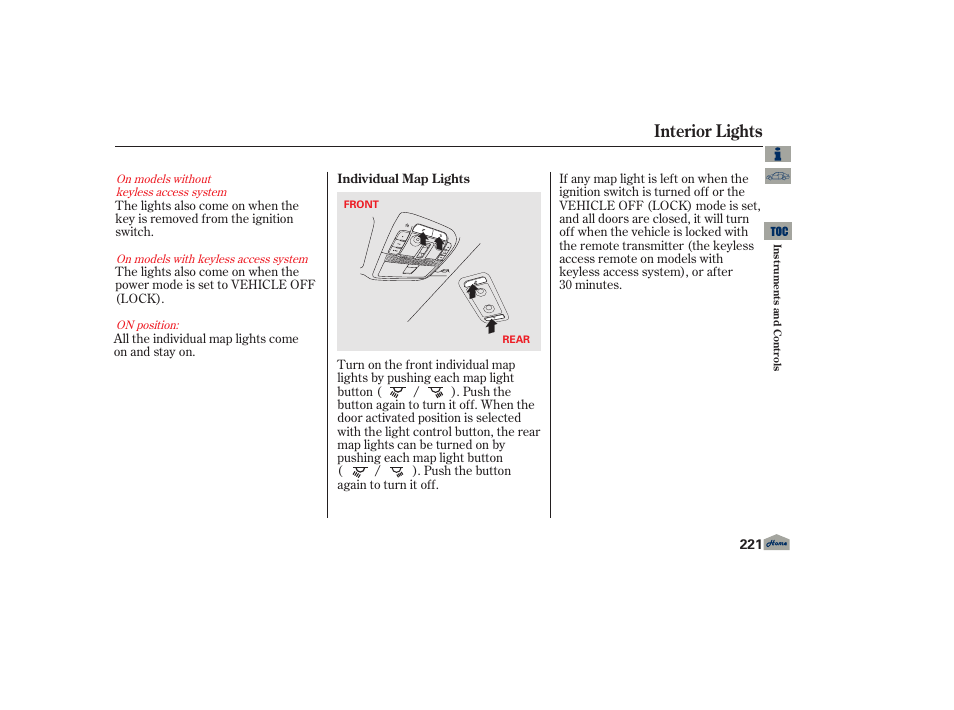 Interior lights | Acura 2013 TL User Manual | Page 225 / 650