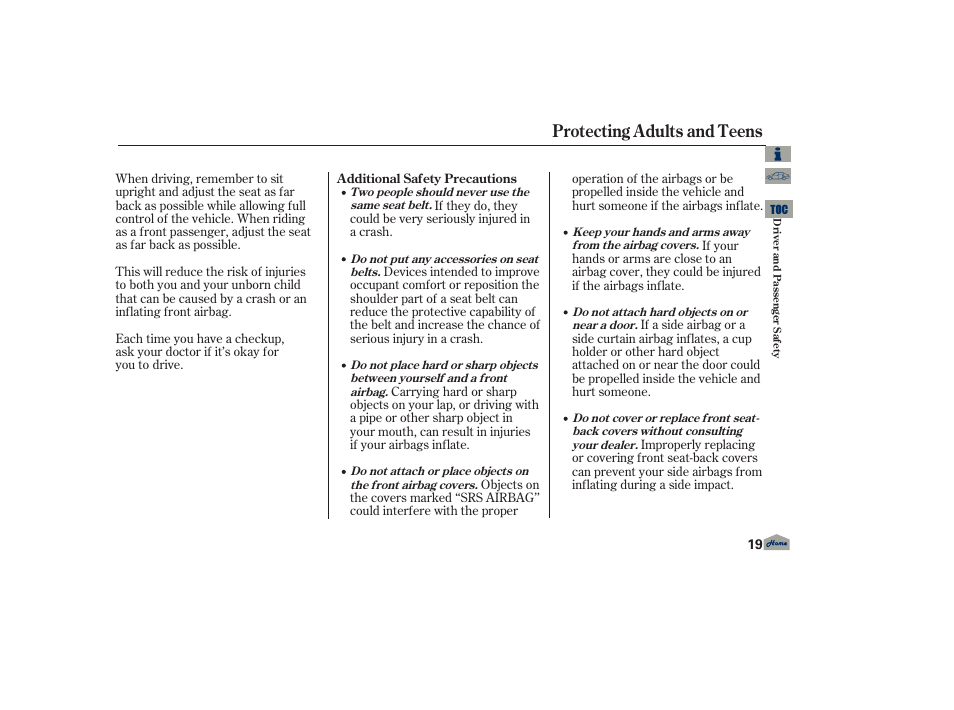 Protecting adults and teens | Acura 2013 TL User Manual | Page 23 / 650