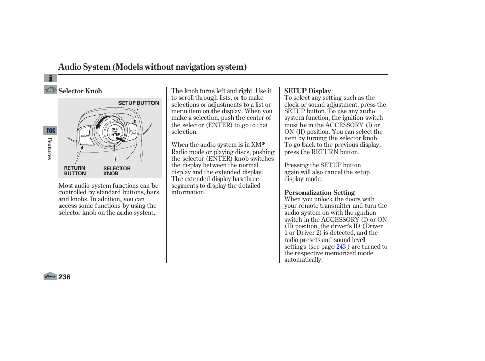 Audio - models without navi, P. 236, Audio system (models without navigation system) | Acura 2013 TL User Manual | Page 240 / 650