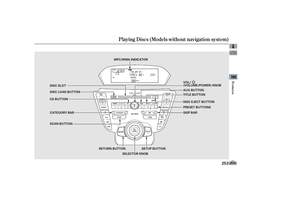 Playing discs, Playing discs (models without navigation system) | Acura 2013 TL User Manual | Page 257 / 650