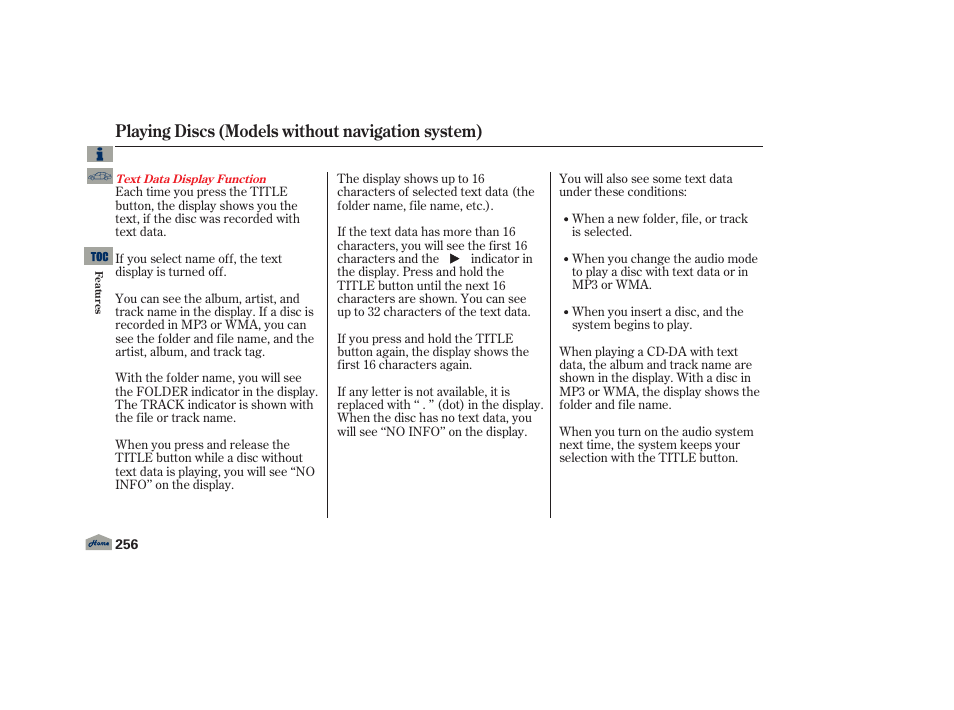 Playing discs (models without navigation system) | Acura 2013 TL User Manual | Page 260 / 650