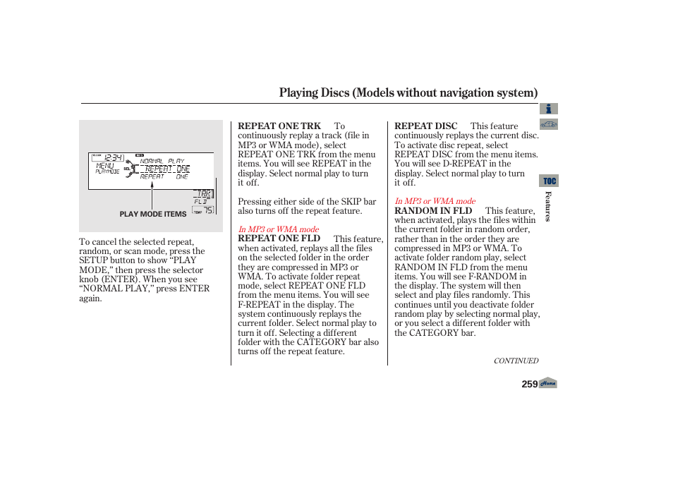 Playing discs (models without navigation system) | Acura 2013 TL User Manual | Page 263 / 650