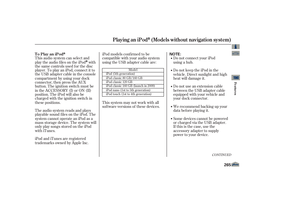 Playing an ipod (models without navigation system) | Acura 2013 TL User Manual | Page 269 / 650