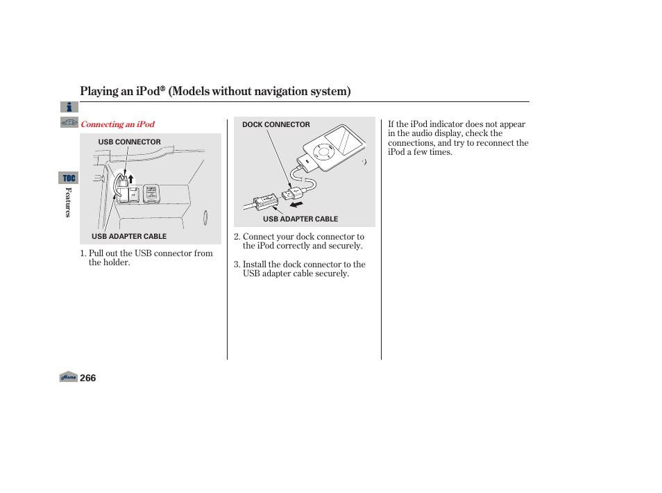 Usb adapter cable, Playing an ipod (models without navigation system) | Acura 2013 TL User Manual | Page 270 / 650