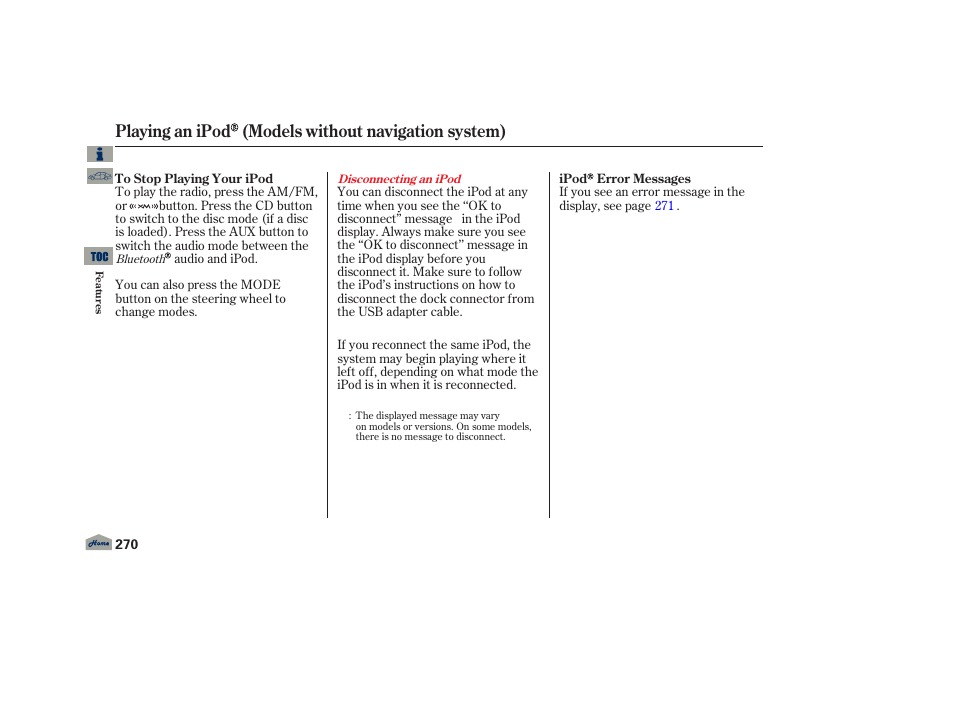 Playing an ipod (models without navigation system) | Acura 2013 TL User Manual | Page 274 / 650