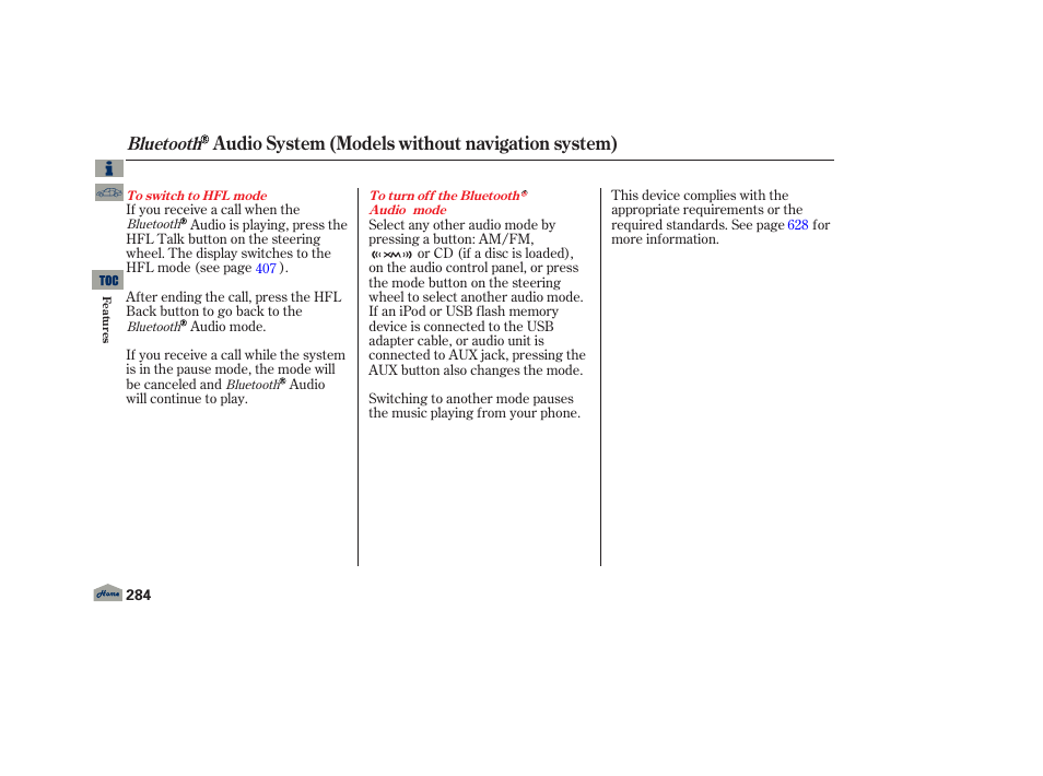 Audio system (models without navigation system), Bluetooth | Acura 2013 TL User Manual | Page 288 / 650