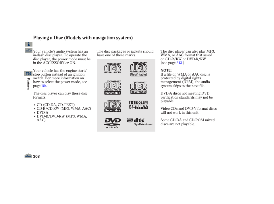 Playing a disc (models with navigation system) | Acura 2013 TL User Manual | Page 312 / 650