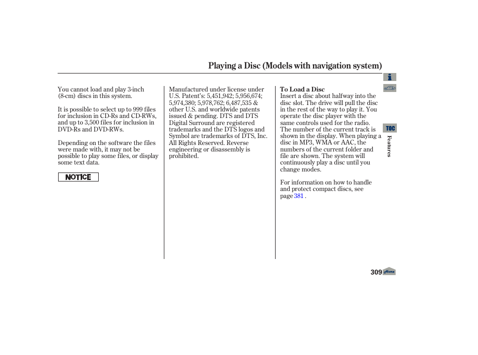 Playing a disc (models with navigation system) | Acura 2013 TL User Manual | Page 313 / 650