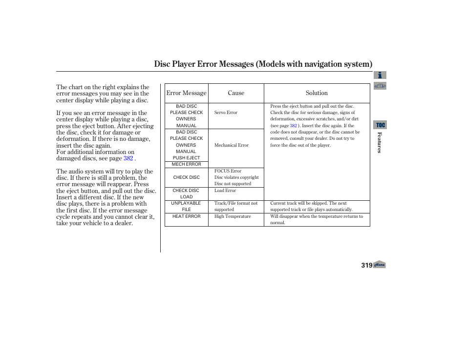 Disc player error messages, 2013 tl | Acura 2013 TL User Manual | Page 323 / 650