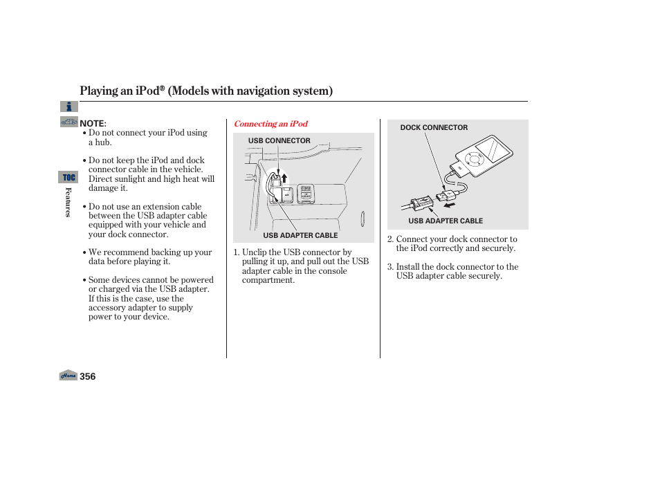 P.356, Playing an ipod (models with navigation system) | Acura 2013 TL User Manual | Page 360 / 650