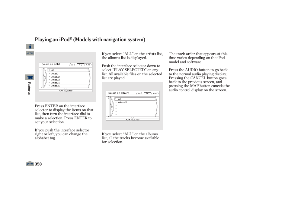 Playing an ipod (models with navigation system) | Acura 2013 TL User Manual | Page 362 / 650