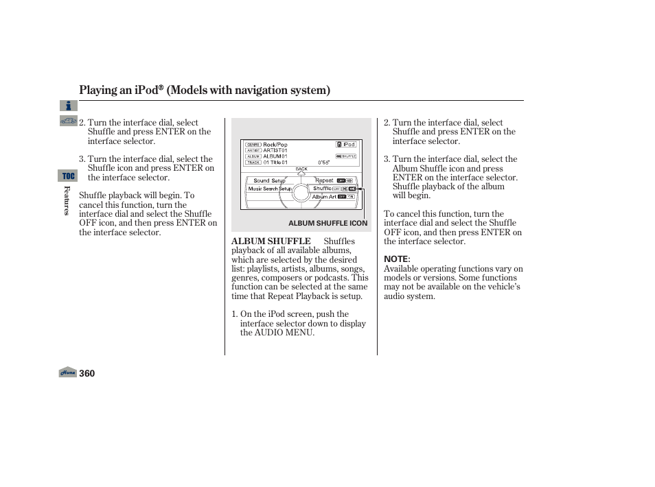Playing an ipod (models with navigation system) | Acura 2013 TL User Manual | Page 364 / 650