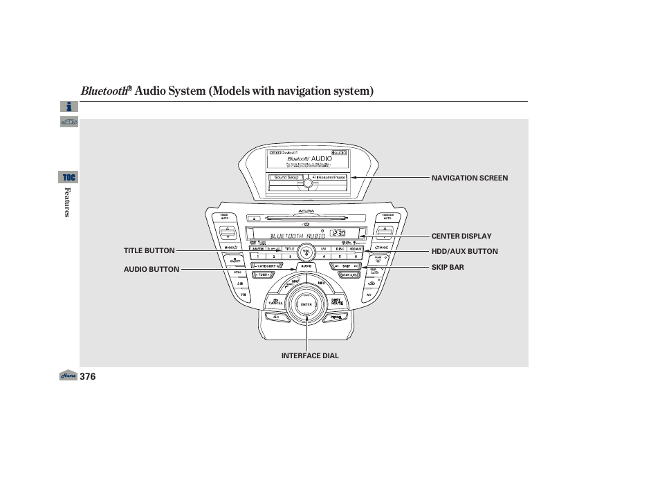 Bluetooth audio system, Audio system (models with navigation system), Bluetooth | Acura 2013 TL User Manual | Page 380 / 650