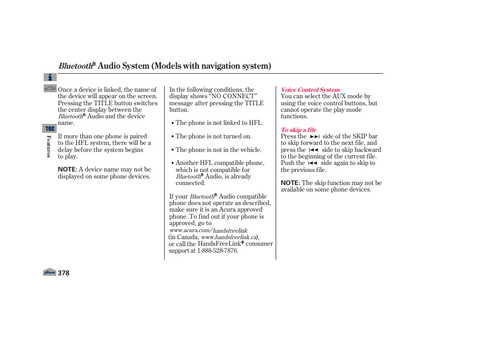Audio system (models with navigation system), Bluetooth | Acura 2013 TL User Manual | Page 382 / 650