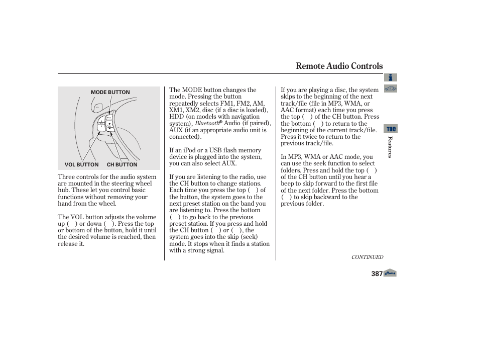 Remote audio controls, P. 387 | Acura 2013 TL User Manual | Page 391 / 650