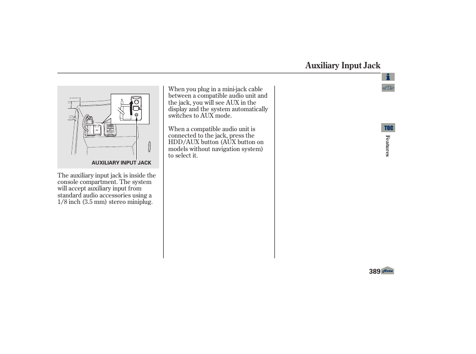 Auxiliary input jack, P. 389 | Acura 2013 TL User Manual | Page 393 / 650