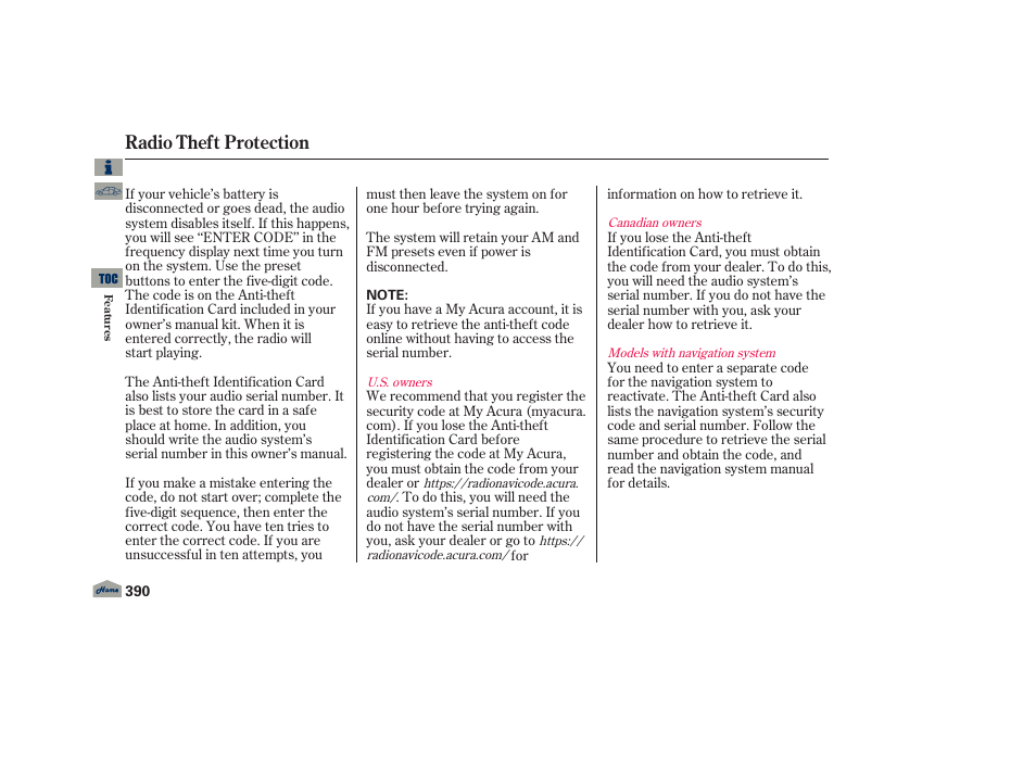 Radio theft protection | Acura 2013 TL User Manual | Page 394 / 650