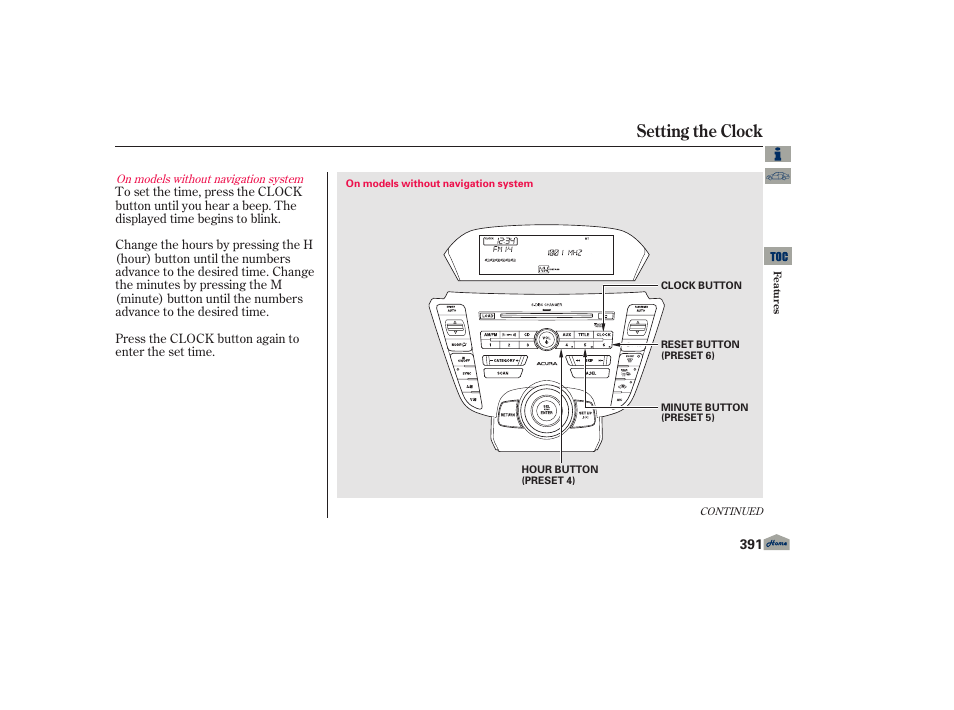Setting the clock, P. 391 | Acura 2013 TL User Manual | Page 395 / 650