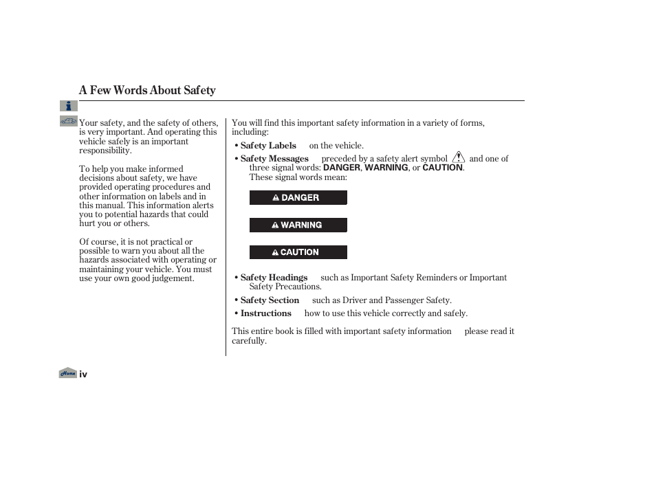 A fewwordsabout safety, A few words about safety | Acura 2013 TL User Manual | Page 4 / 650