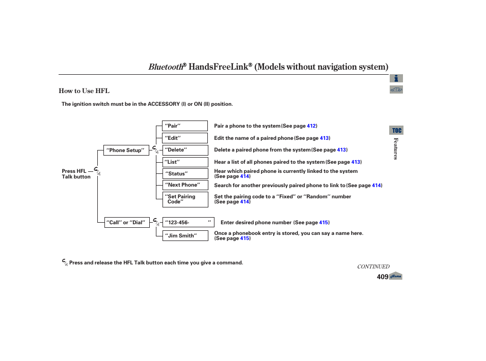 Handsfreelink (models without navigation system), Bluetooth, 2013 tl | Acura 2013 TL User Manual | Page 413 / 650