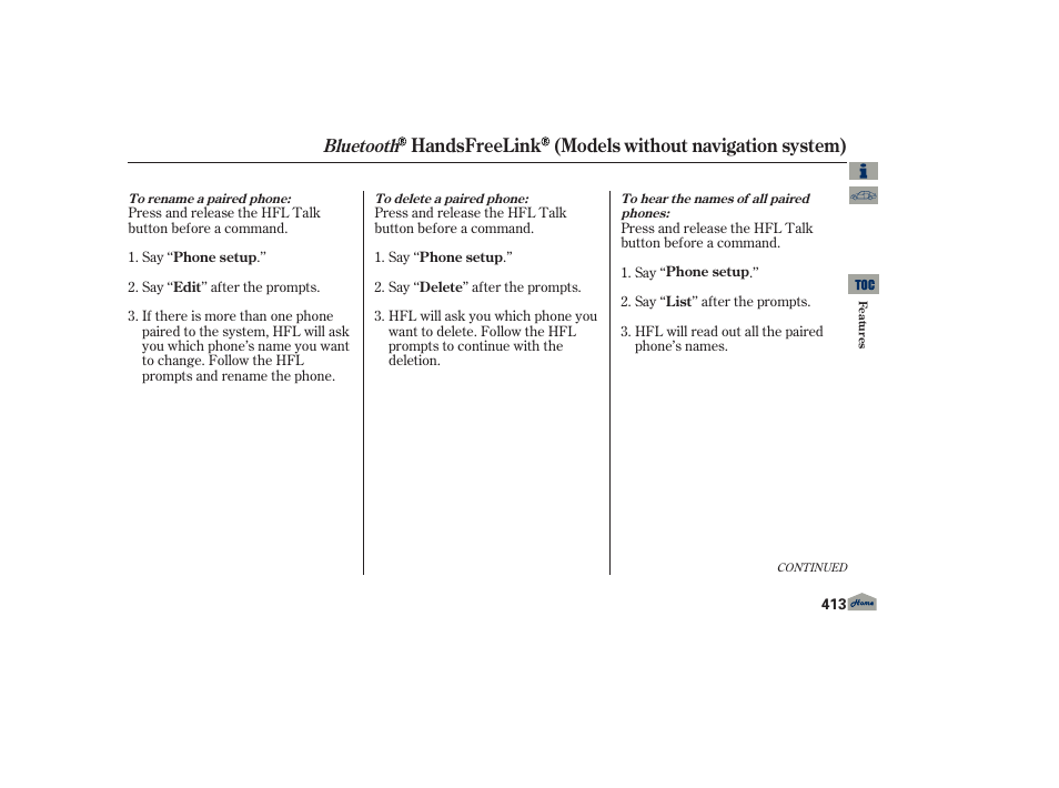 Handsfreelink (models without navigation system), Bluetooth | Acura 2013 TL User Manual | Page 417 / 650