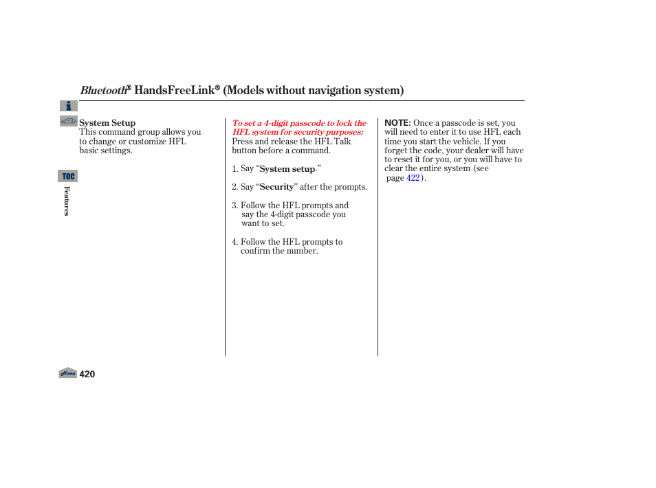 Handsfreelink (models without navigation system), Bluetooth | Acura 2013 TL User Manual | Page 424 / 650