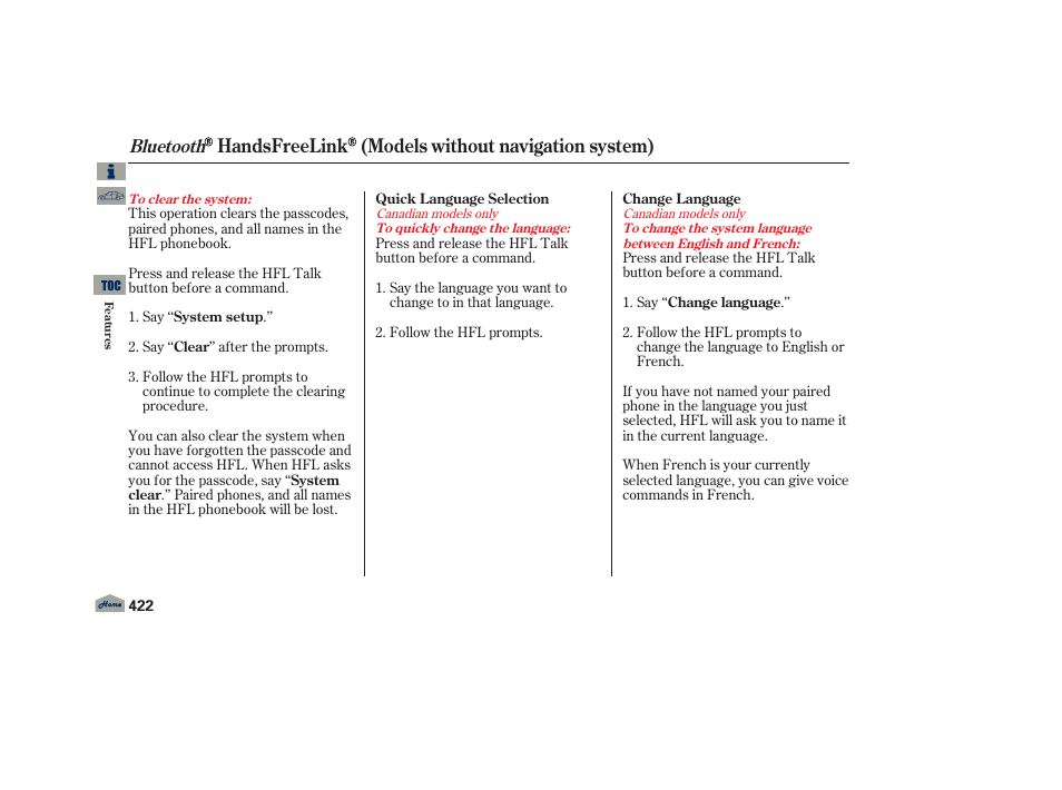 Handsfreelink (models without navigation system), Bluetooth | Acura 2013 TL User Manual | Page 426 / 650