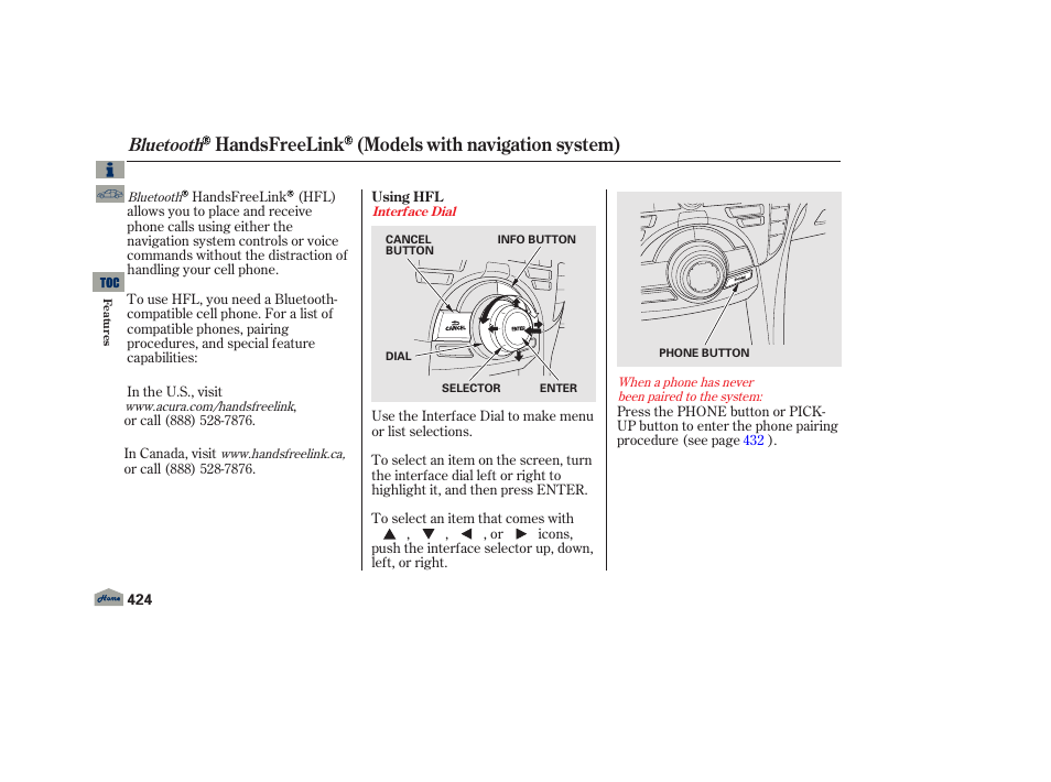 Bluetooth handsfreelink - navi models, Handsfreelink (models with navigation system), Bluetooth | Acura 2013 TL User Manual | Page 428 / 650