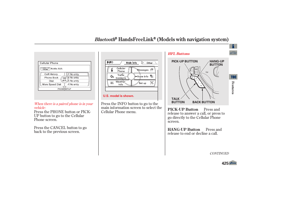 P. 425, P.425, Handsfreelink (models with navigation system) | Bluetooth | Acura 2013 TL User Manual | Page 429 / 650
