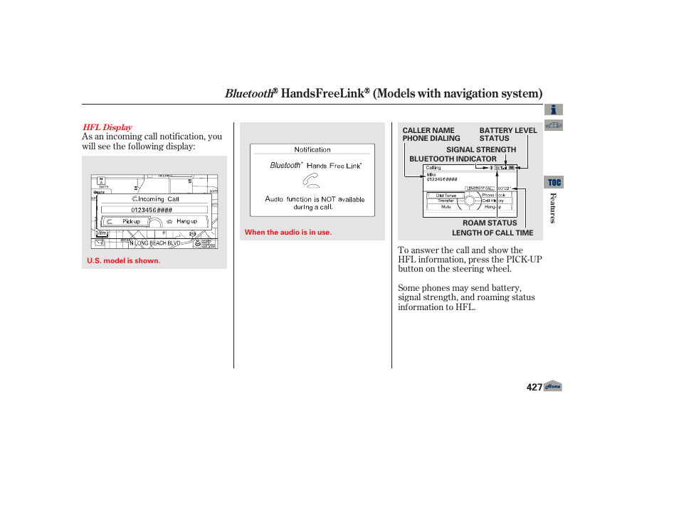 Handsfreelink (models with navigation system), Bluetooth | Acura 2013 TL User Manual | Page 431 / 650