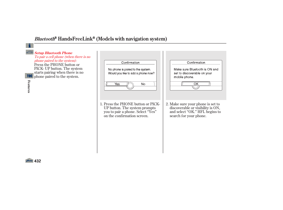 Handsfreelink (models with navigation system), Bluetooth | Acura 2013 TL User Manual | Page 436 / 650