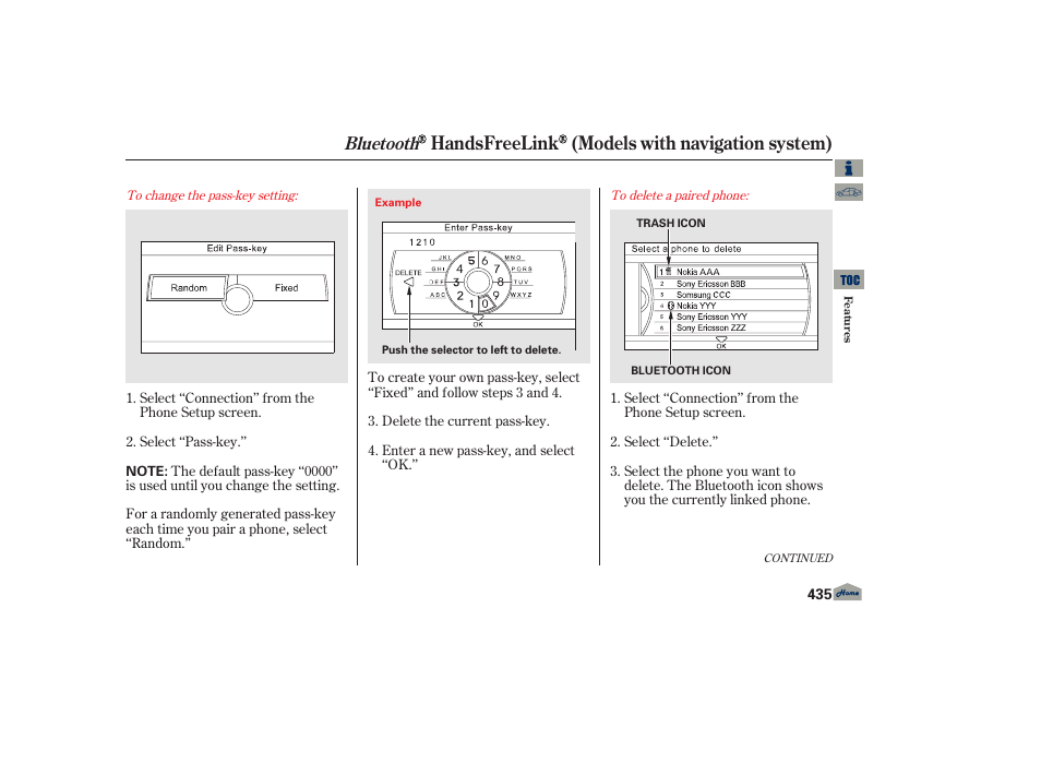 Handsfreelink (models with navigation system), Bluetooth | Acura 2013 TL User Manual | Page 439 / 650
