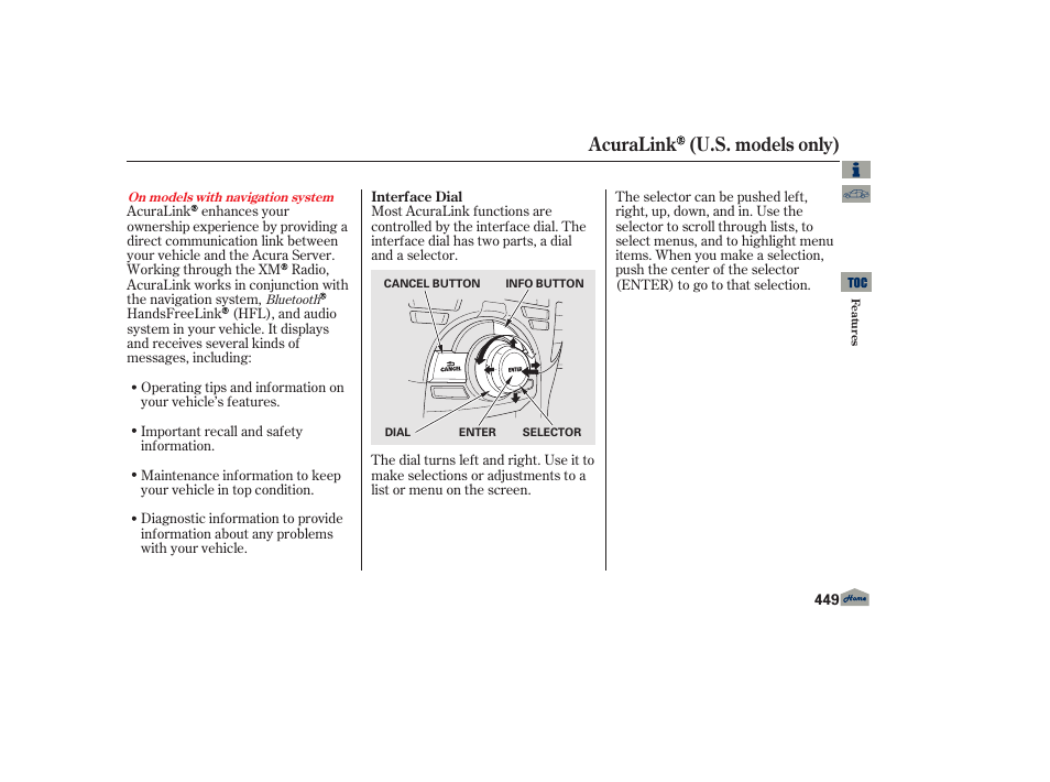 Acuralink (u.s. only), Acuralink (u.s. models only) | Acura 2013 TL User Manual | Page 453 / 650