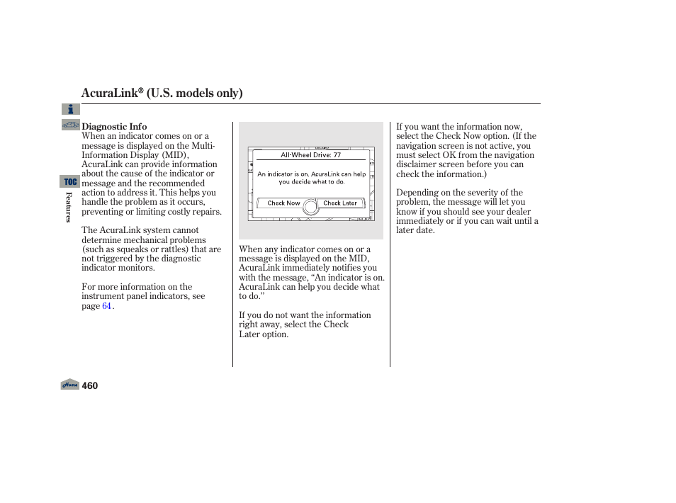 Acuralink (u.s. models only) | Acura 2013 TL User Manual | Page 464 / 650