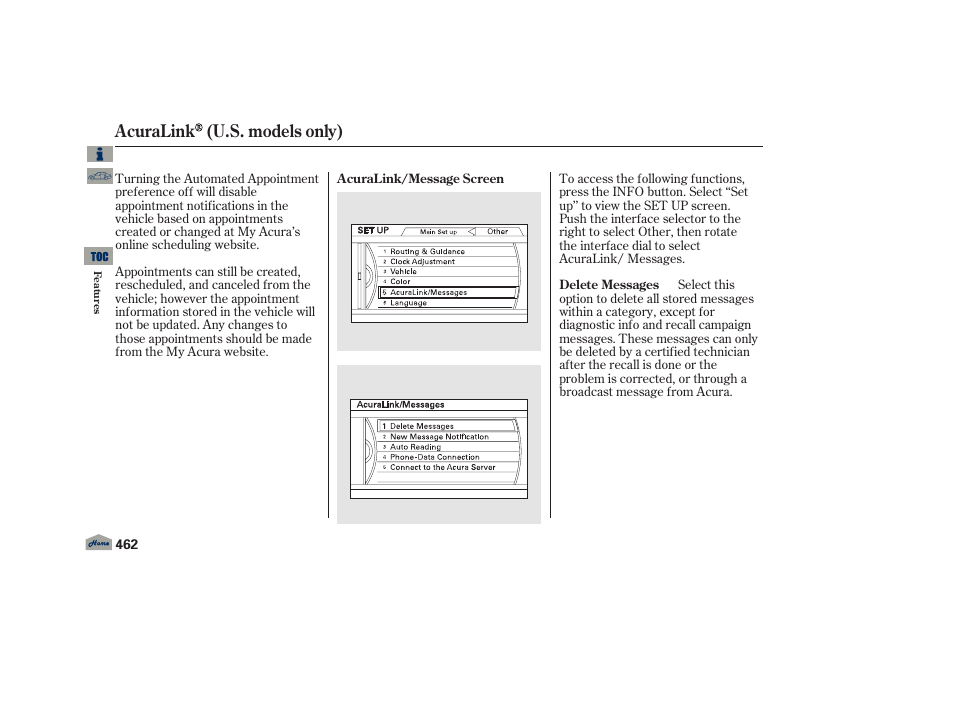 Acuralink (u.s. models only) | Acura 2013 TL User Manual | Page 466 / 650