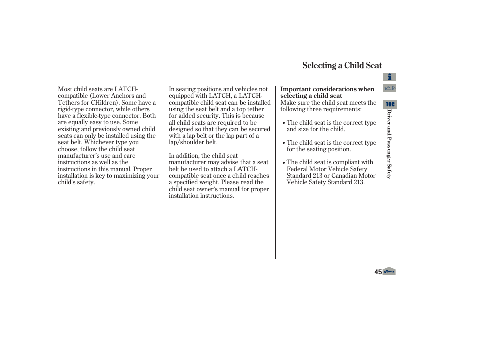 Selecting a child seat | Acura 2013 TL User Manual | Page 49 / 650