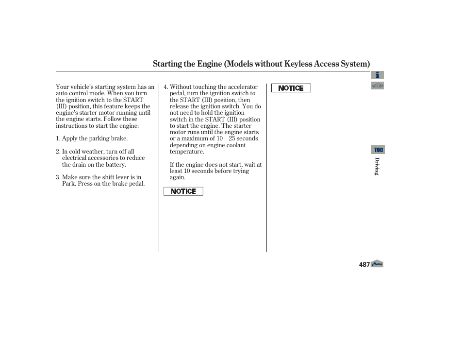 Starting the engine - without keyless access | Acura 2013 TL User Manual | Page 491 / 650