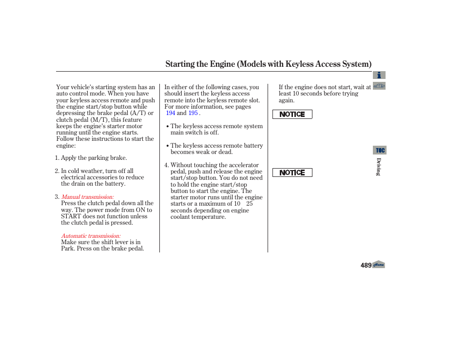 Starting the engine - with keyless access | Acura 2013 TL User Manual | Page 493 / 650