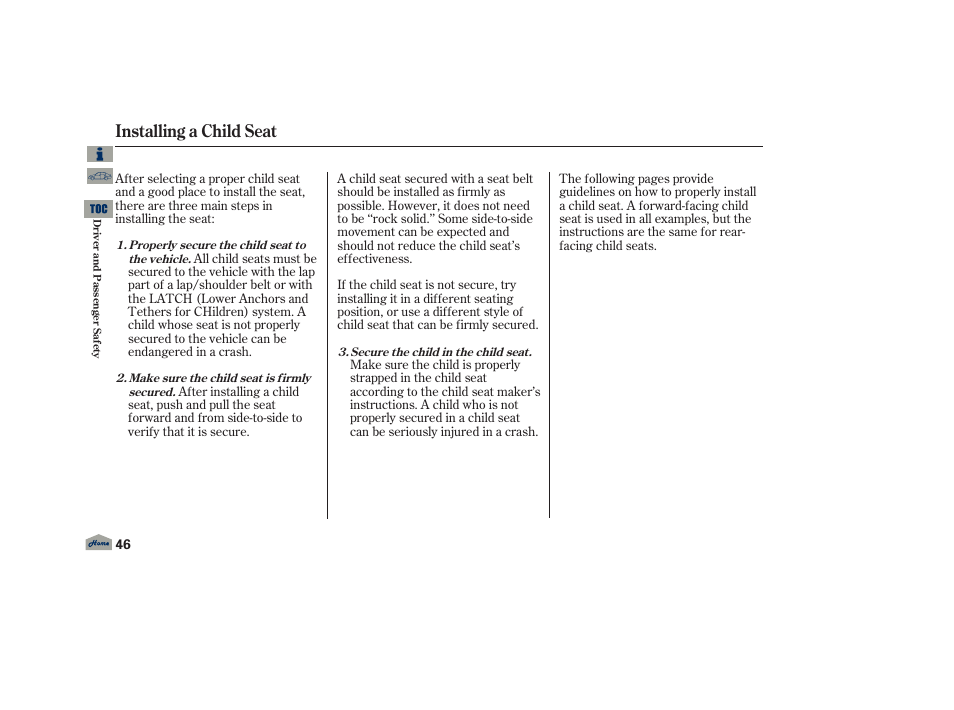Installing a child seat | Acura 2013 TL User Manual | Page 50 / 650