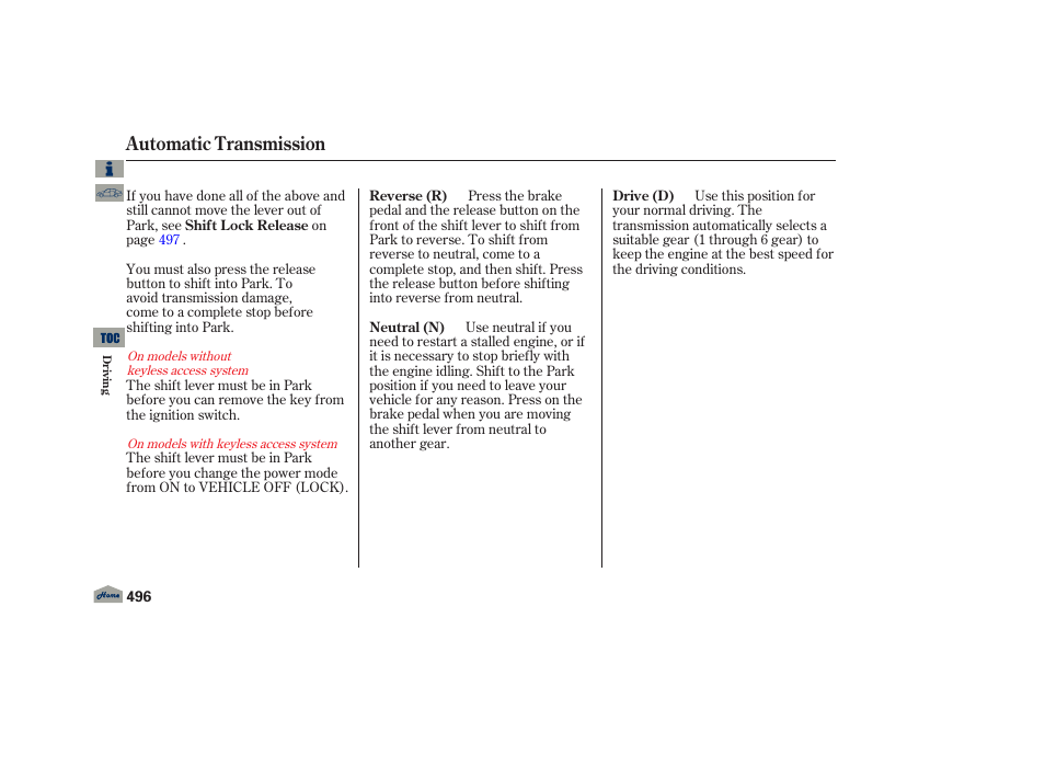 Automatic transmission | Acura 2013 TL User Manual | Page 500 / 650