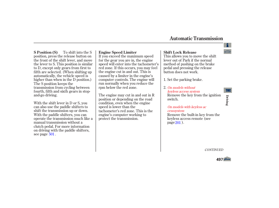 Automatic transmission | Acura 2013 TL User Manual | Page 501 / 650