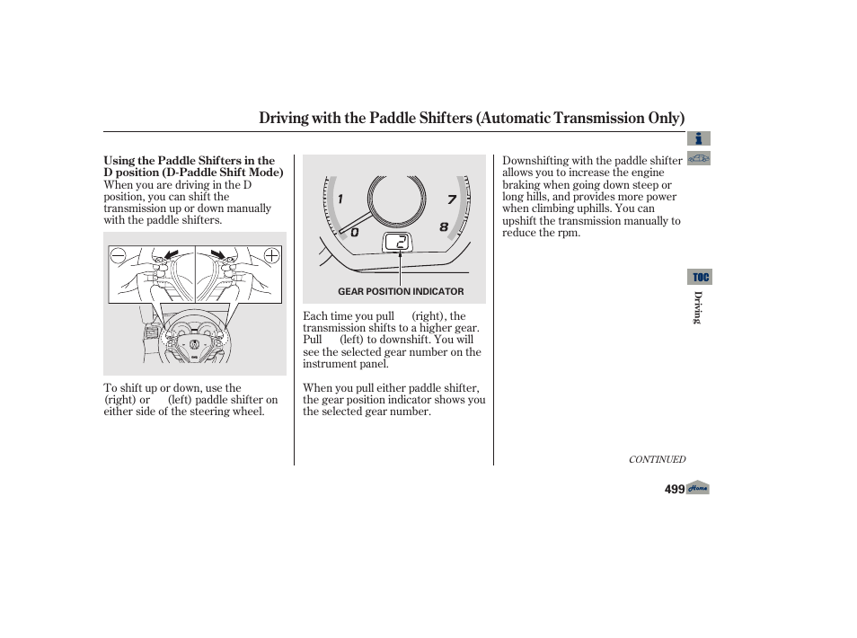 Driving with the paddle shifters - a/t only, P. 499 | Acura 2013 TL User Manual | Page 503 / 650