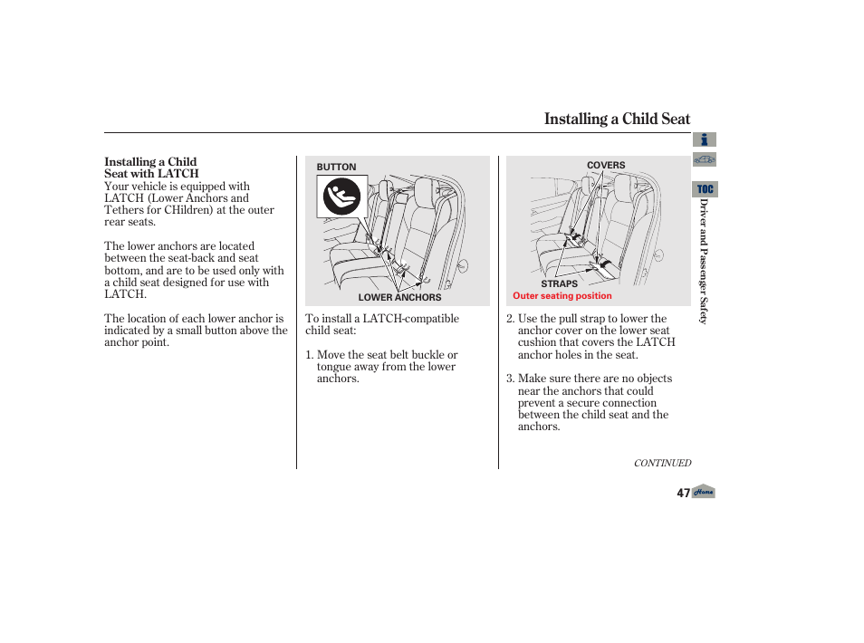 Installing a child seat | Acura 2013 TL User Manual | Page 51 / 650