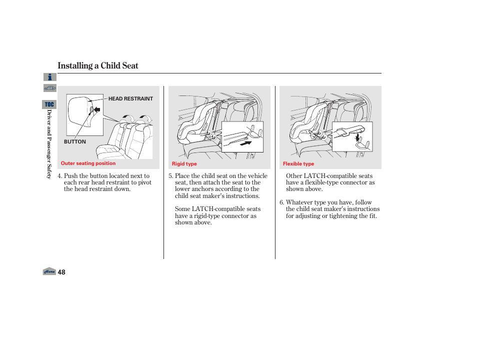 Installing a child seat | Acura 2013 TL User Manual | Page 52 / 650