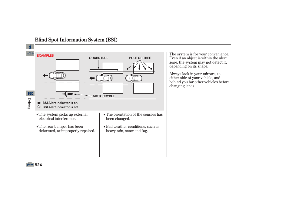Blind spot information system (bsi) | Acura 2013 TL User Manual | Page 528 / 650